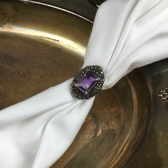 Vtg Sterling Silver Fine Marcasite Amethyst Ring ~ Vintage Cocktail Statement - Picture 13 of 14
